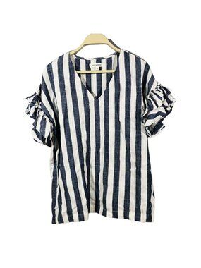 First Monday Linen Blouse Top Women Size S Vneck Blue Stripe Hippie Flared Retro